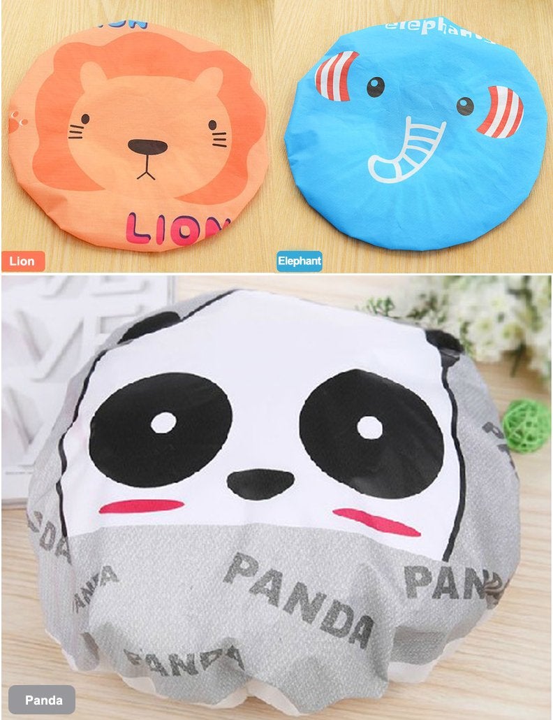 IXIAOPET Cute Cartoon Waterproof Elastic Shower Cap Bath Cap,Pack of 3 Pcs(Panda+Elephant+Lion) - Image 2